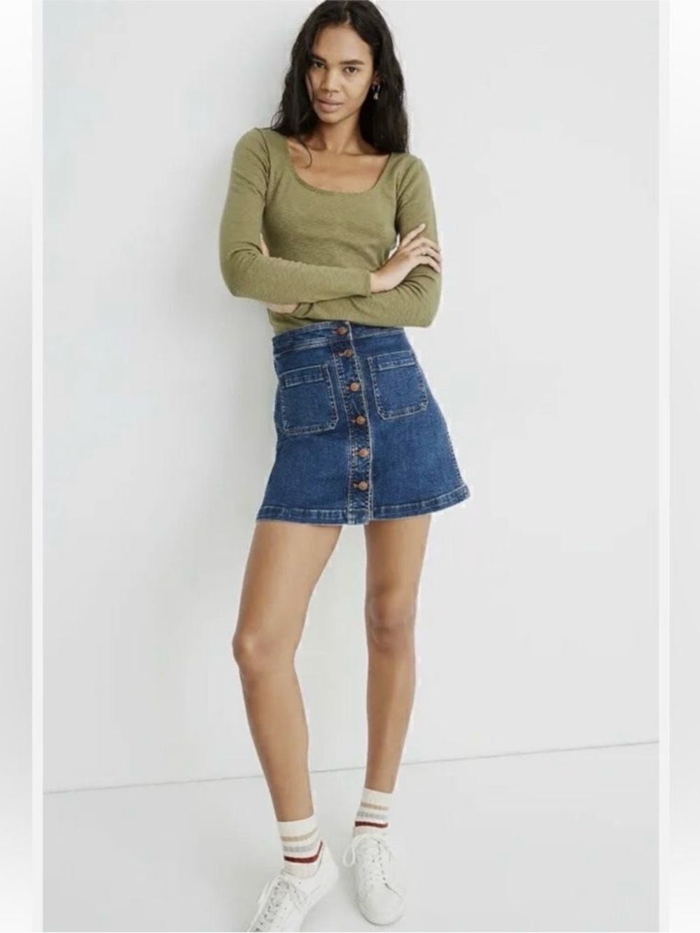 Madewell Stretch A-Line Mini Skirt in Salisbury Wash Patch Pocket Sz 00